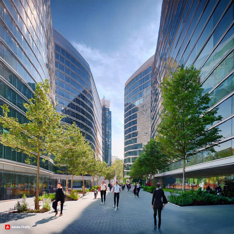 Bureaux à louer à Toulouse Labège offrant une architecture en verre avec des reflets du ciel bleu